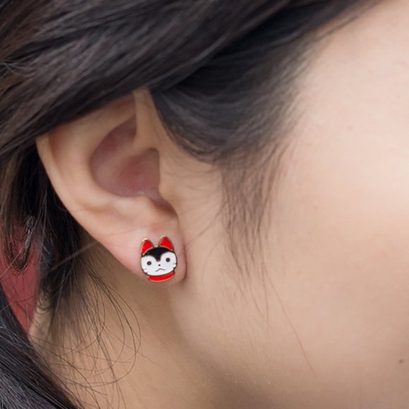Handcrafted Inu Hariko Enamel Stud Earrings - Picture 2 of 3